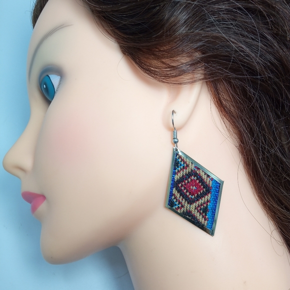 Western Cowgirl Wool & Alpaca Silver Earrings Set Boho Aztec Pattern Handmade - Picture 4 of 6